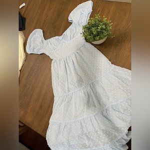 SHEIN Clip Dot Puff Sleeve Tiered Ruffled Midi Dress